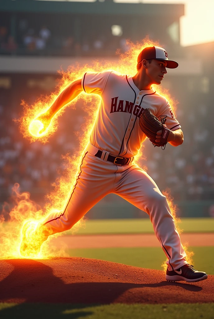 A baseball player throws a ball with fire
