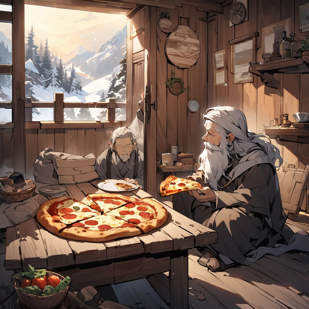 An illustration set in a rustic, secluded mountain cabin with an elderly man resembling a wise hermit or sage. The man, with a long beard and traditional, worn-out robes, is seated inside the old, wooden abode. Despite the ancient setting, he is enjoying a hot, freshly delivered pizza, savoring each bite with a content expression. The contrast between the modern pizza and the timeless atmosphere of the cabin creates a unique and charming scene.
