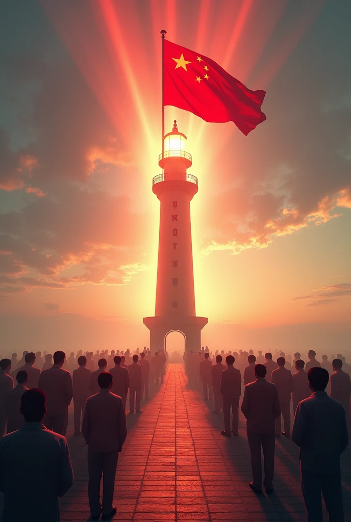 It depicts a lighthouse formed by the convergence of multiple beams of light, with 'integrity' shining at their core, symbolizing the flag fluttering proudly. Under this flag, employees of Chinese enterprises revisit their pledge of joining the Communist of China.