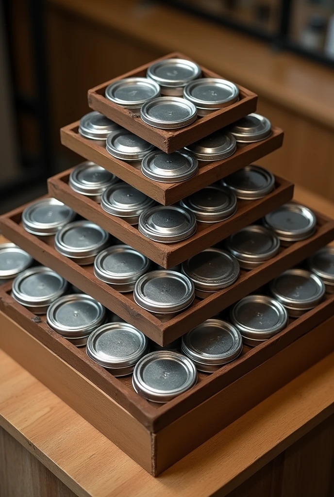 5 stacked trays, with 10 tins in each tray, on top of a wooden platform