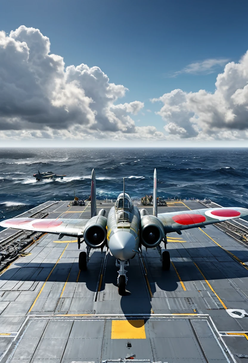 A highly detailed, realistic painting of an Imperial Japanese Navy Zero Fighter aircraft on the flight deck of an aircraft carrier, preparing to take off, with a cloudy sky and high waves on the ocean in the background, (best quality,4k,8k,highres,masterpiece:1.2),ultra-detailed,(realistic,photorealistic,photo-realistic:1.37),extremely detailed aircraft,extremely detailed flight deck,highly detailed ocean waves, dramatic cloudy sky, cinematic lighting, intricate details, vibrant colors, seamless composition