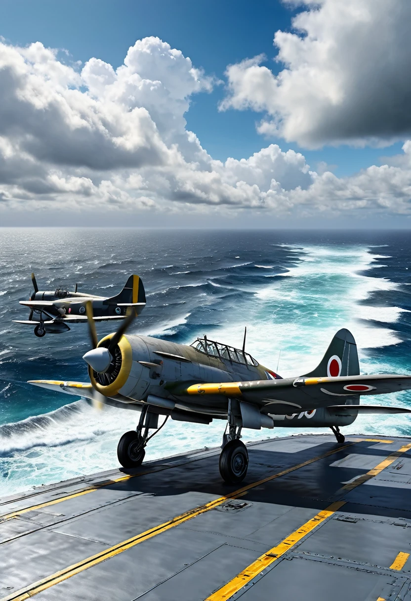 A highly detailed, realistic painting of an Imperial Japanese Navy Zero Fighter aircraft on the flight deck of an aircraft carrier, preparing to take off, with a cloudy sky and high waves on the ocean in the background, (best quality,4k,8k,highres,masterpiece:1.2),ultra-detailed,(realistic,photorealistic,photo-realistic:1.37),extremely detailed aircraft,extremely detailed flight deck,highly detailed ocean waves, dramatic cloudy sky, cinematic lighting, intricate details, vibrant colors, seamless composition