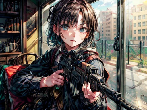 1girl, hold rifle, aim, sitting position