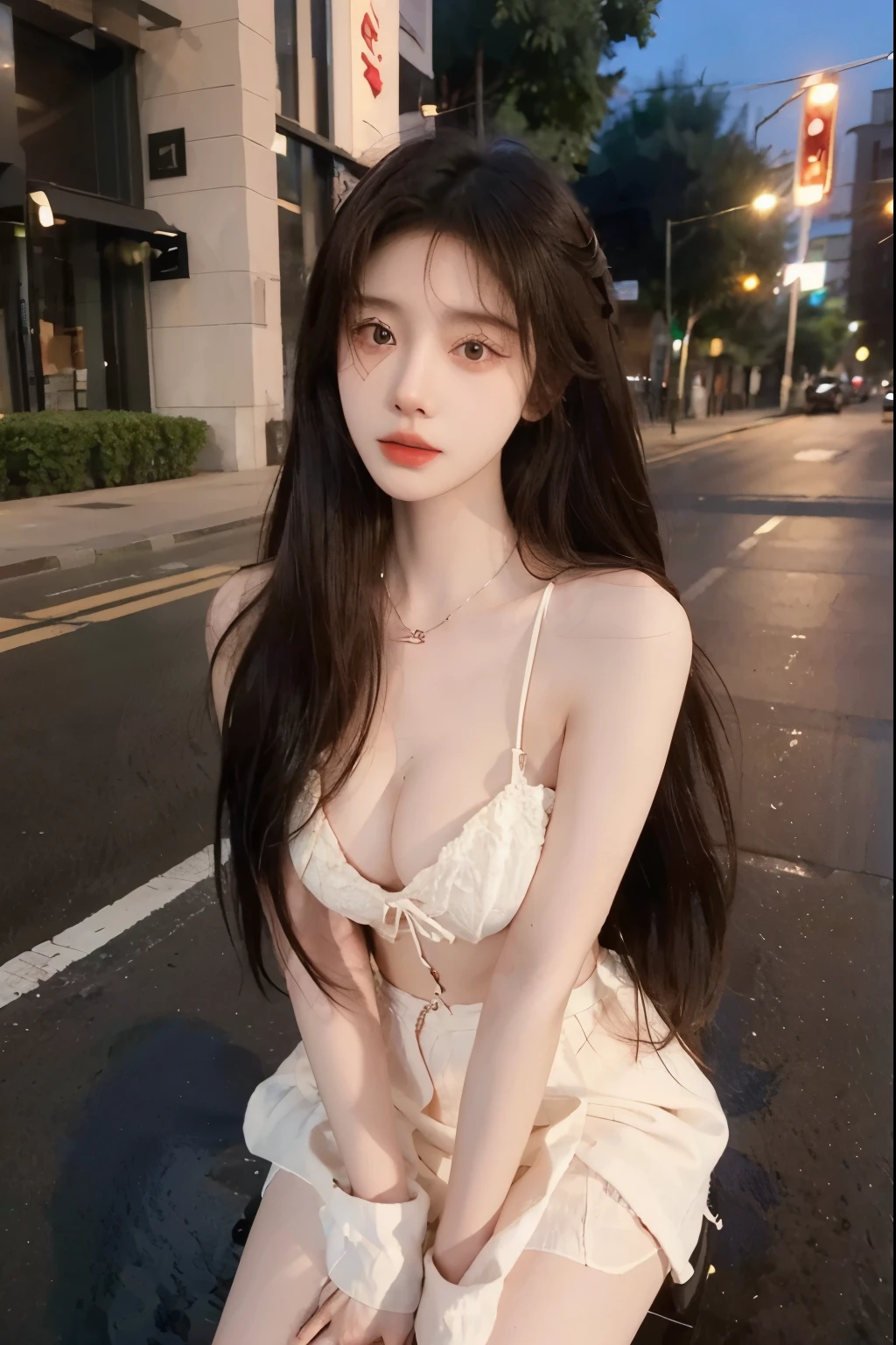 Beautiful woman with perfect body:1.4,Prominent cleavage,Layered Hairstyle,Highly detailed face and skin textures,Double eyelids,Skin Whitening,Long hair,Whitened long legs,on the street,(Sexy,Chest chain)