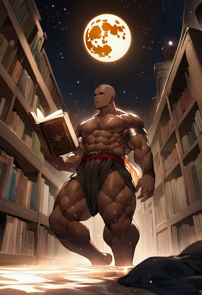 Age 25、Shaved head、Muscular man looking for a book、whole body、Thick body hair、Your body is wet、Library under the stars、Uplifting、full moon、Brown skin、magic、Magic School