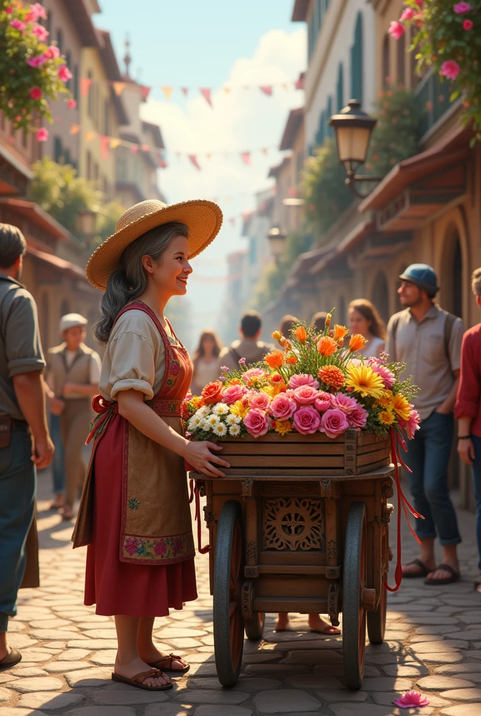 Generate an image of a lady selling flower to the customers on the cart
Please the image with the customer
