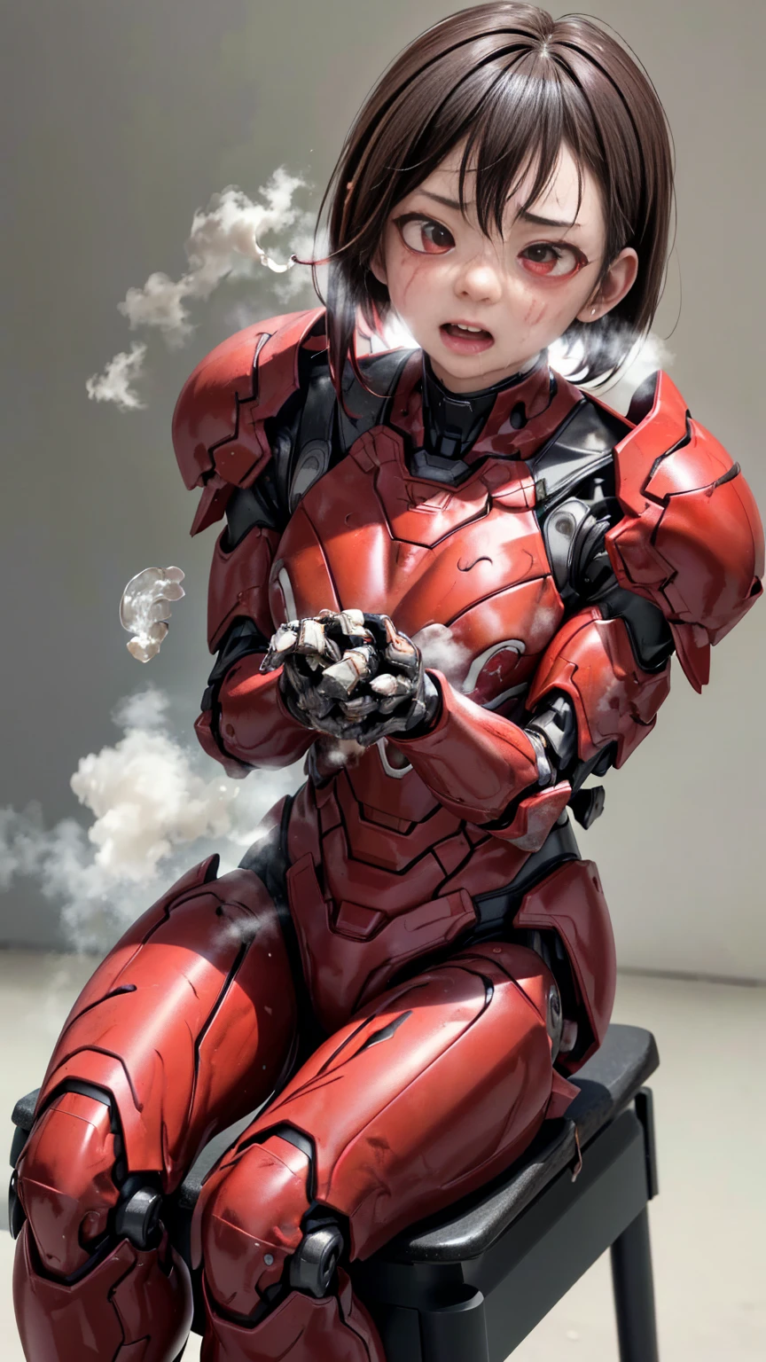Rough skin, Very detailed, Advanced Details, high quality, 最high quality, High resolution, 1080P 、Bleeding from the wound、Red Armor、Wearing red and black、The weakest ((Serious damage to the whole body))(Wearing a damaged female robot suit...)(Red Armor)(Broken Armor)Black Hair、Cracked Glasses、Chiquita、Soaking wet、Open your mouth、Sweaty face、It hurts again、cute、knock down、Droolinging from the mouth、Female college student Cramp (Steam coming out of the face) ((Steam from the body)) Sit on a chair Touching the vagina Drooling look up suffering Filming locations Remove the helmet