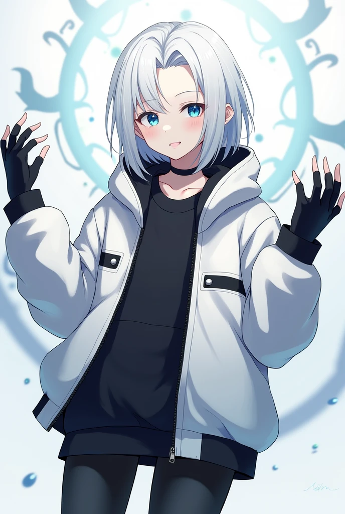 As a 2d person with a white yutu jacket on the chest, white hair, black sweatshirt, asul eyes, black animated gloves