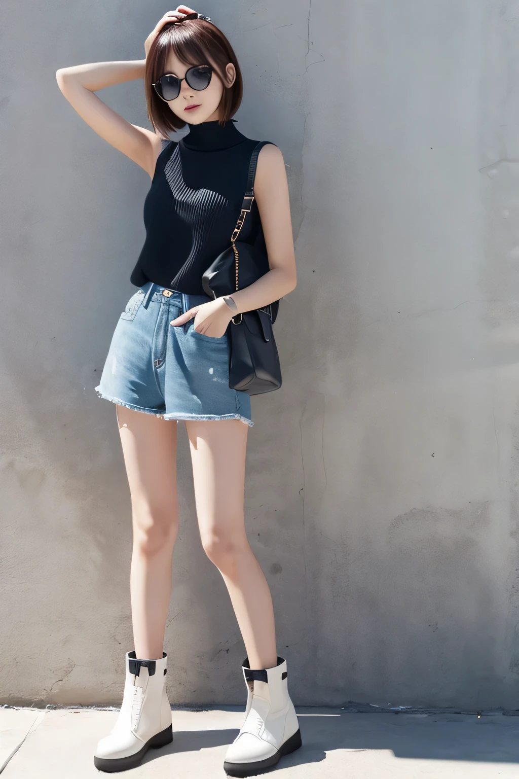 Sleeveless knit、hot pants、short boots、Generate images of slender gals。