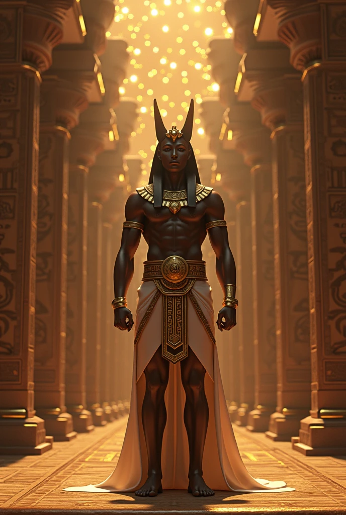 Show Atum in Egyptian mythology initiating the process of creation, incorporating traditional Egyptian symbols, gold accents, and a backdrop inspired by ancient Egyptian temples. Ensure the image is highly detailed with stunning gradient colors. Use masterpiece, best quality, CG, wallpaper, HDR, high quality, ultra detailed face, cinematic, high detail, 8k, raw, high, artstation HQ, unreal engine, octane renderer, 4k resolution, hyperrealistic, highly detailed, and absurdres settings