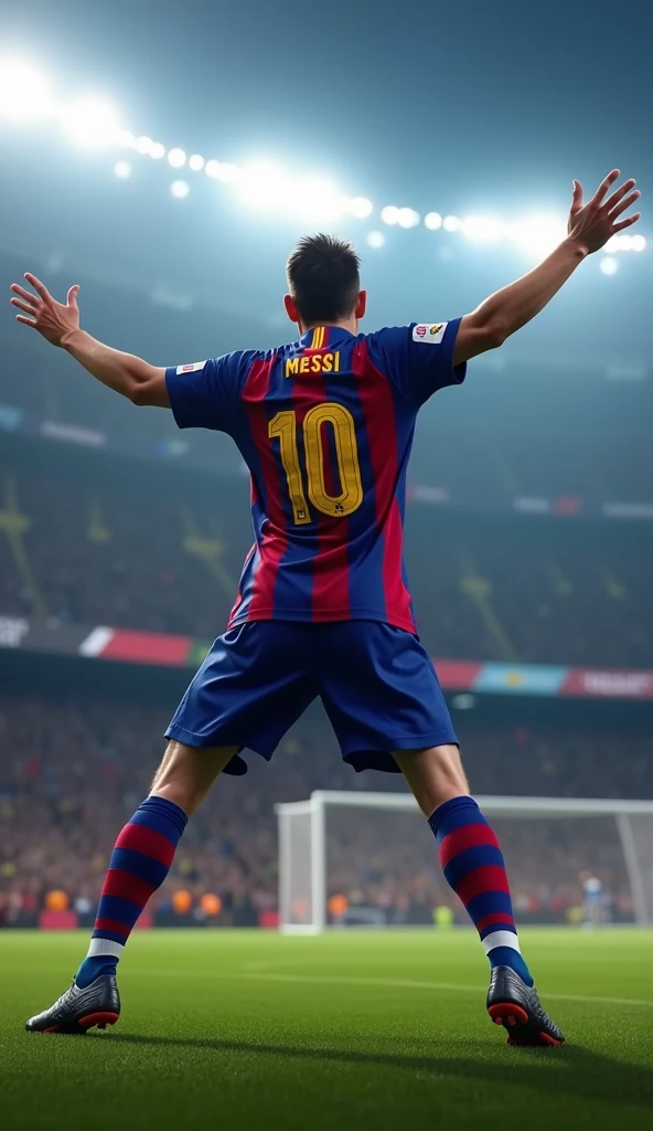 Photorealistic, 64K, A realistic lionel messi [wearing barcelona soccer jersey number 10] standing up celebrating his iconic celebration goal, both his leg opened wide, and also opened wide his arm, perfect fingers, looking at camera, in stadium background