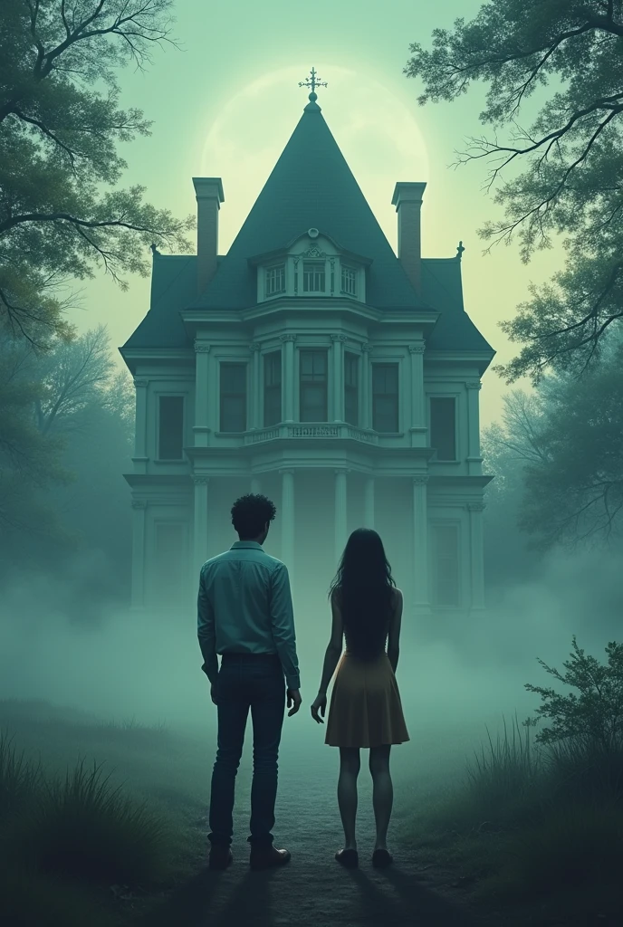 Vanishing Mansion: The couple standing outside, looking back at the mansion, which is slowly disappearing into thin air, leaving behind an eerie emptiness.Animation form