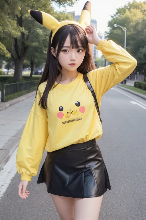 (8k, masterpiece, Highest quality),girl1name、18歳のgirl,Plain yellow shirt,Black mini skirt、Park Background、Headshot 1 person, High resolution, Anatomically correct, Highest quality, Character portrait, Full Body Shot,Walking,Pikachu ears headband,smile, Pikachu ears headband,