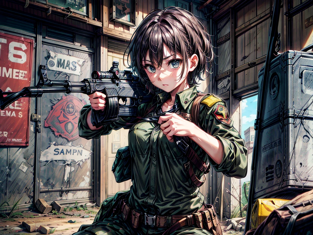 Female soldier with a rifle, large caliber Sniper fire, holding a Sniper rifle, Sniper, Shooting pose, Hold the rifle, With a rifle, Sniper! Young 1 Woman, Sniper fire, He has a rifle., With a rifle in hands, Carry a scoped sniper rifle, Pull the trigger with your right hand,Place your left hand on your right arm,Stand up on your left knee,Place your right knee on the ground