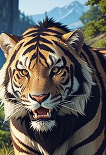 Close-up of a smilodon, sabertooth , in its natural and wild environment, landscape