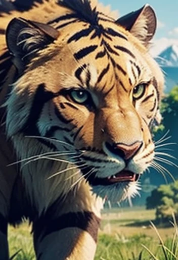 Close-up of a smilodon,  sabertooth , in its natural and wild environment, landscape 