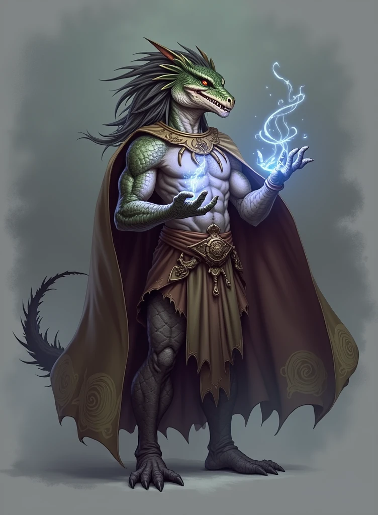 a dragon man dressed as a druid with spells in his hand
