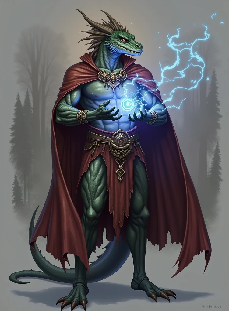 a dragon man dressed as a druid with spells in his hand