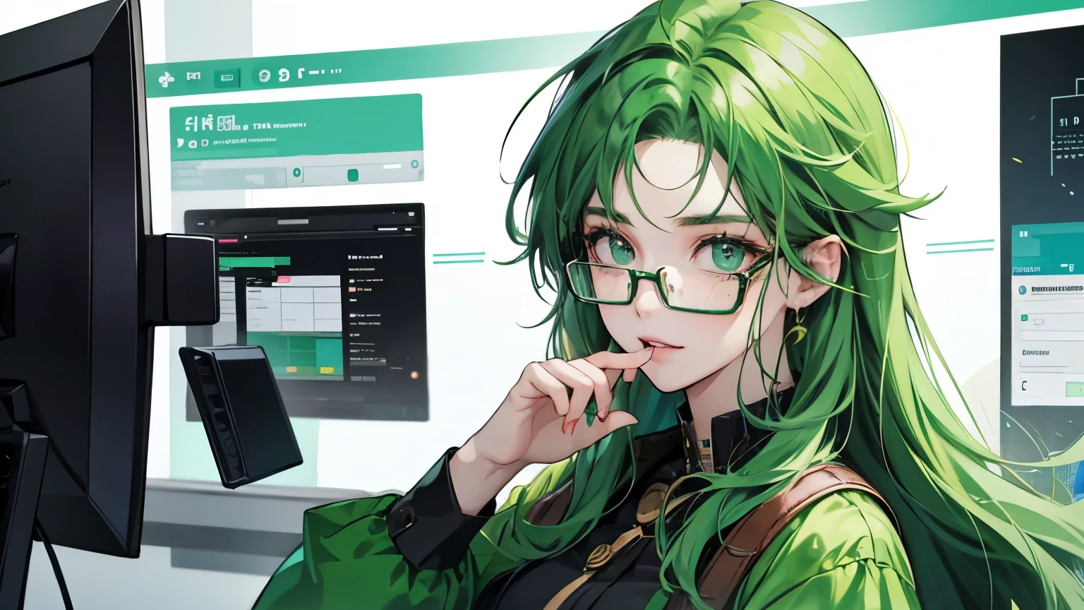 With PC、A green-haired beauty with glasses trading tokens on defi based on her analysis