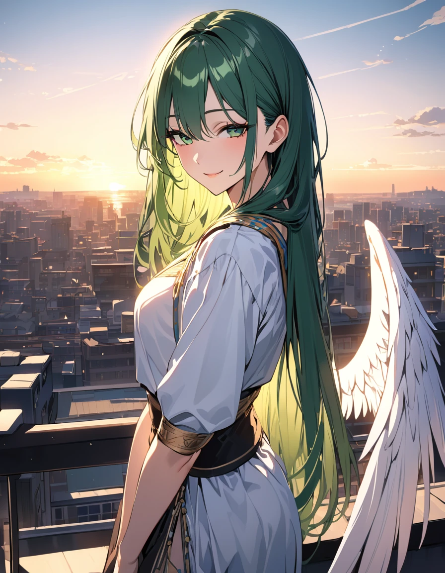 (masterpiece)、(absurdres)、(ultra detailed)、(8k),((Woman with angel wings:1.2)),Floating white feathers:1.4,(soft lighting:1.2),smiling with head tilted,cowboy shot,(Greek national costume:1.2),Hagging knees:1.1,side view:1.2,looking viewer:0.7,Rooftop of a building,sunset city,(shiny dark green hair),(dark green eyes),(straight long hair),half-closed eyes,
