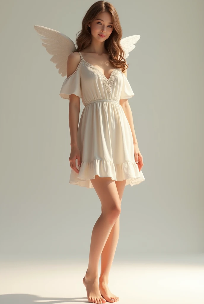 A beautiful sweet girl barefoot light brownish white toenail polish with foot band realistic style man sees the whole body