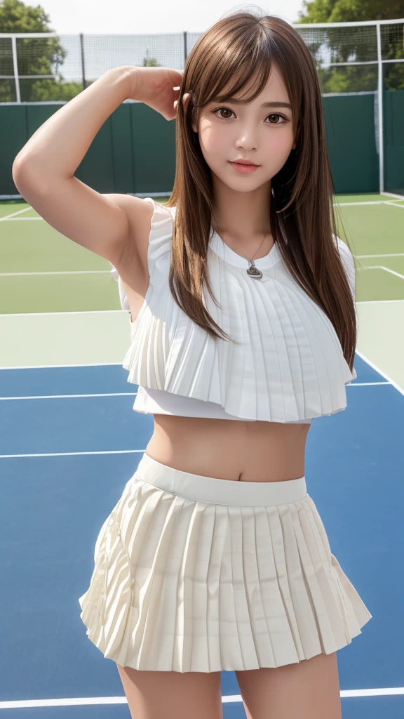 masterpiece, Highest quality,Very detailed,High resolution,(Realistic, photoRealistic:1.37),Excellent anatomy,1 girl,(height: 152 cm),1 person,Cowboy Shot,Front view,Tennis Girl,Very beautiful face,Cute type,A small smile,Big Natural Color Lip,Big and beautiful eyes,Brown eyes,Obvious double,Small and cute nose,Soft light brown long hair,Asymmetrical bangs,Floating Hair NovaFrog Style,((White tennis wear)),(((White super short pleated mini skirt:1.5))),((Tennis court:1.3)),Soft Light,RAW quality,Soft Skin,(Glowing Skin,Sweaty:1.4),Beautiful Hands,Five strong fingers,Beautiful feet,Voluptuous thighs,Plump body,Huge breasts,(Expresses the roundness and softness of the chest area.........1),Beautiful body,(The perfect woman),((Skirt flip:1.5)),((fine:1.5)),((Provocative dynamic pose:1.5))