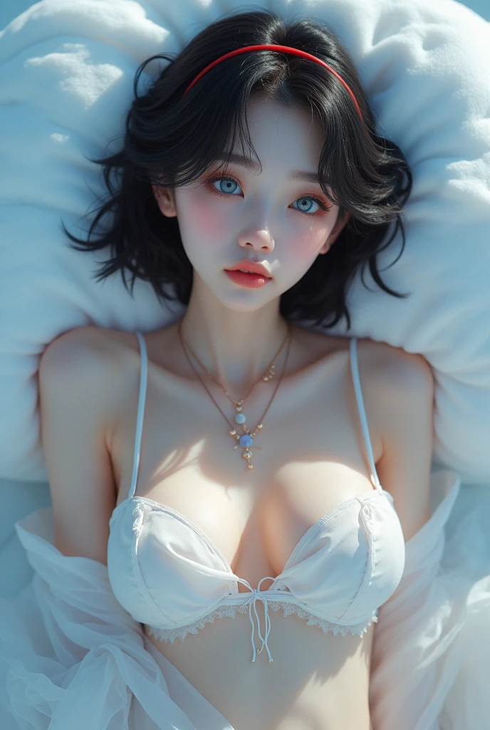 (master part, best qualityer), beautiful girl, snow white, lying, (detailed beautiful eyes) Medium body shot, short black hair, Red loop, breasts big, neckleace, White-panties, ultra detailed blue eyes,