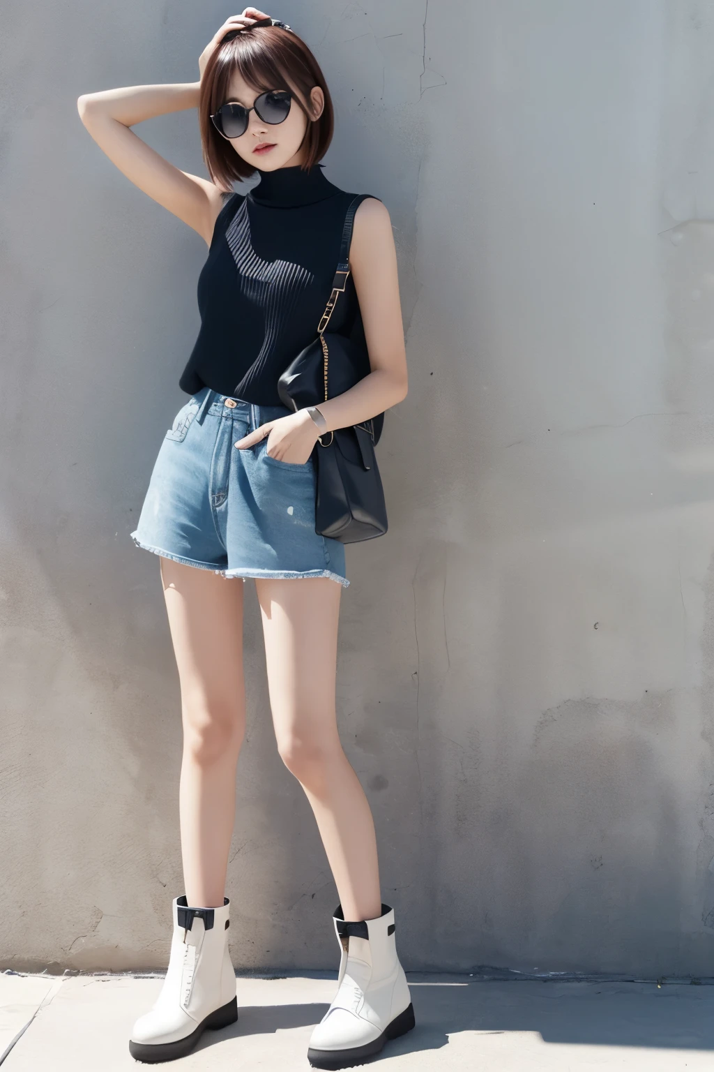 Sleeveless knit、hot pants、short boots、Generate images of slender gals。
