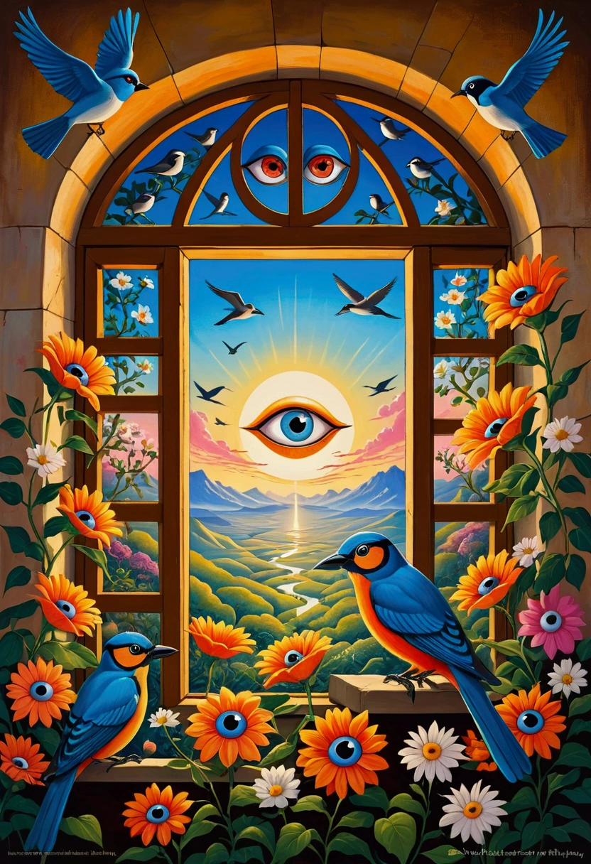 Painting of flowers and birds on the window, Full color illustrations, open one's eyes , Eyeballs, artwork, Popular Surrealism艺术风格, All-Seeing Eye, eye of the beholder, Paul Lafley, official artwork, Popular Surrealism, Vision, In prison, What the eyes see, Eyes wide open