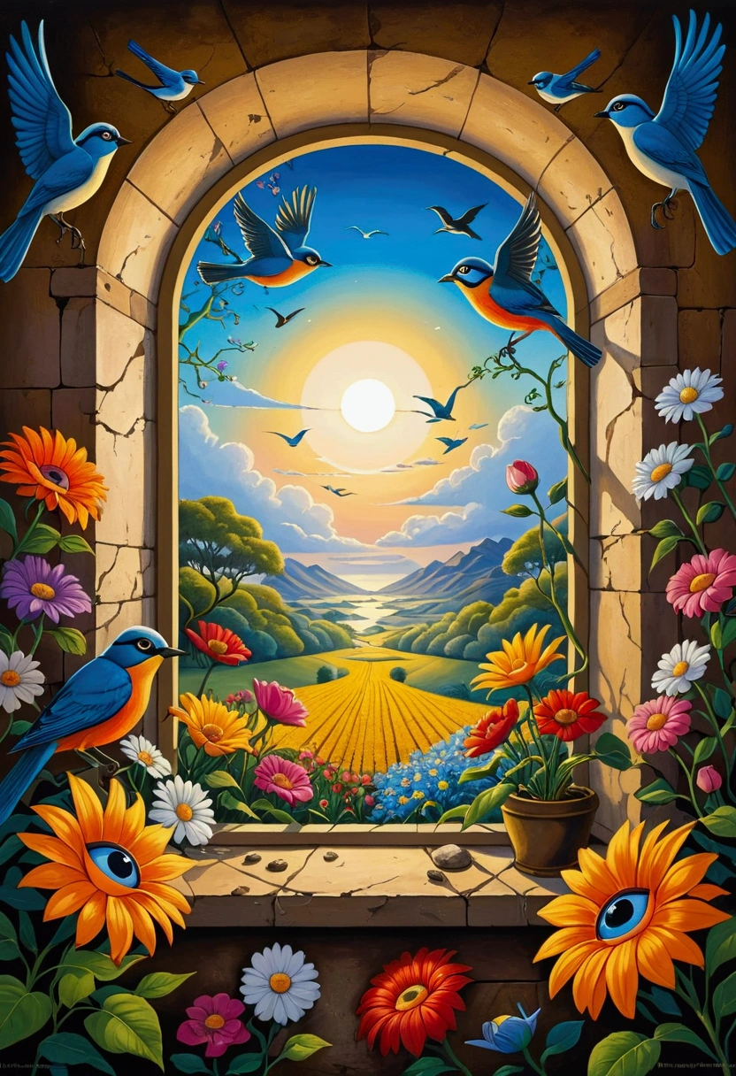 Painting of flowers and birds on the window, Full color illustrations, open one&#39;s eyes , Eyeballs, artwork, Popular Surrealism艺术风格, All-Seeing Eye, eye of the beholder, Paul Lafley, official artwork, Popular Surrealism, Vision, In prison, What the eyes see, Eyes wide open