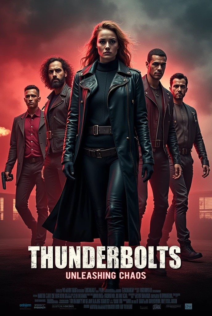 "Create an intense movie poster for 'Thunderbolts.' Display the ensemble cast of anti-heroes and villains, including characters like Yelena Belova and Baron Zemo, in a dramatic, action-filled scene. The background should be dark and gritty, emphasizing the team's complex nature. Use a color palette of dark reds, blacks, and grays. Feature the title prominently in a rough, edgy font and include the tagline: 'Unleashing Chaos.'"