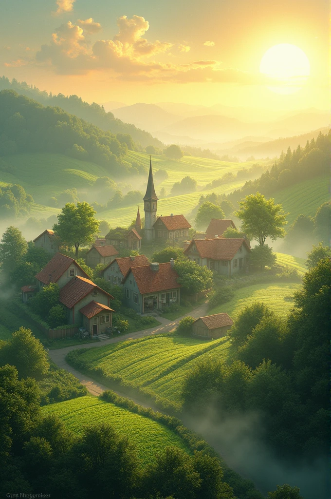 A small, rural village at sunrise with mist hovering over the fields. Immediately sticking cinnamonic