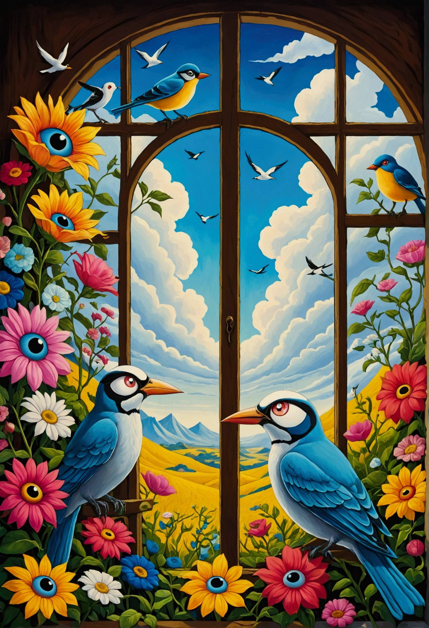 Painting of flowers and birds on the window, Surrealism inspired by Nagai Hiroshi, Winner of the Behance competition, Pop surrealism, Full color illustrations, open one&#39;s eyes , Eyeballs, artwork, Pop surrealism lowbrow art style, All-Seeing Eye, eye of the beholder, Paul Lafley, official artwork
