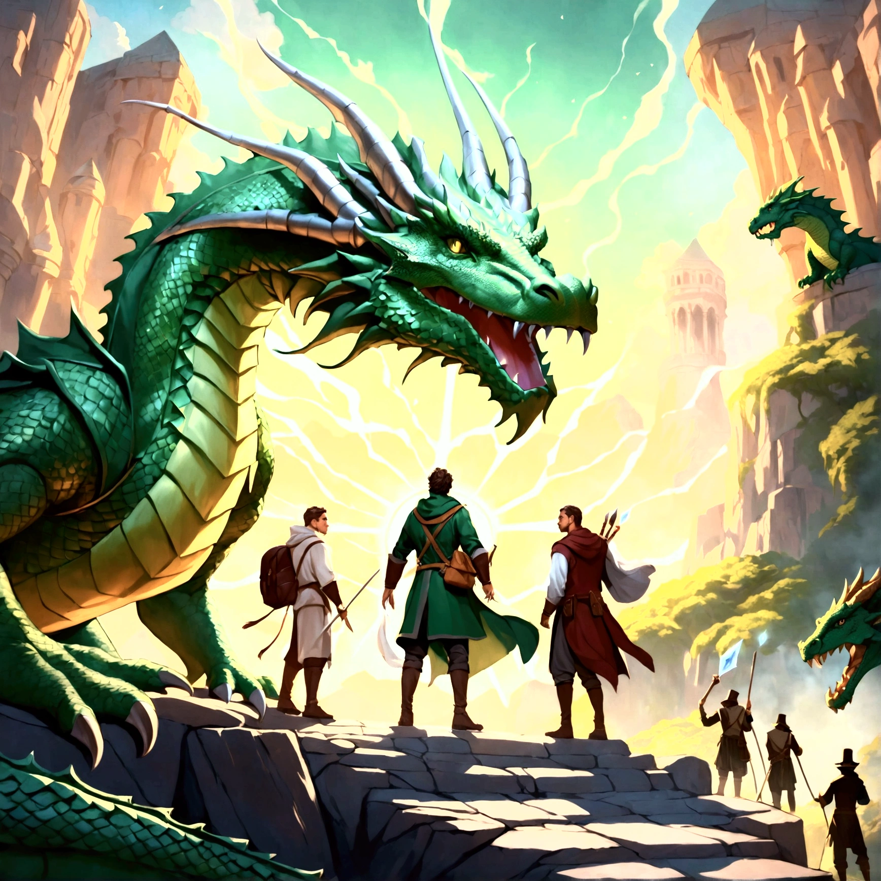 Create an image of a group of four male heroes, composed of a rogue, magician, warrior and a backpacker in a fantasy world facing a green dragon