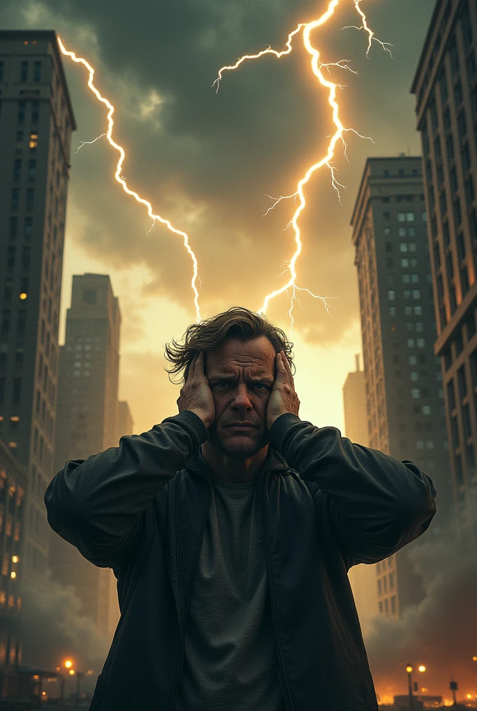 Create a realistic picture of a person in an urban area, who is covering their ears in an urban area, as if someone is running in a different direction, and you can also see thunder rumbling, which is described as a very scary golden lightning bolt in a very dramatic and worrying condition. The background features lightning strikes, black clouds, under the city, emphasizing his divine power. digital textured, urban and scary as realistic