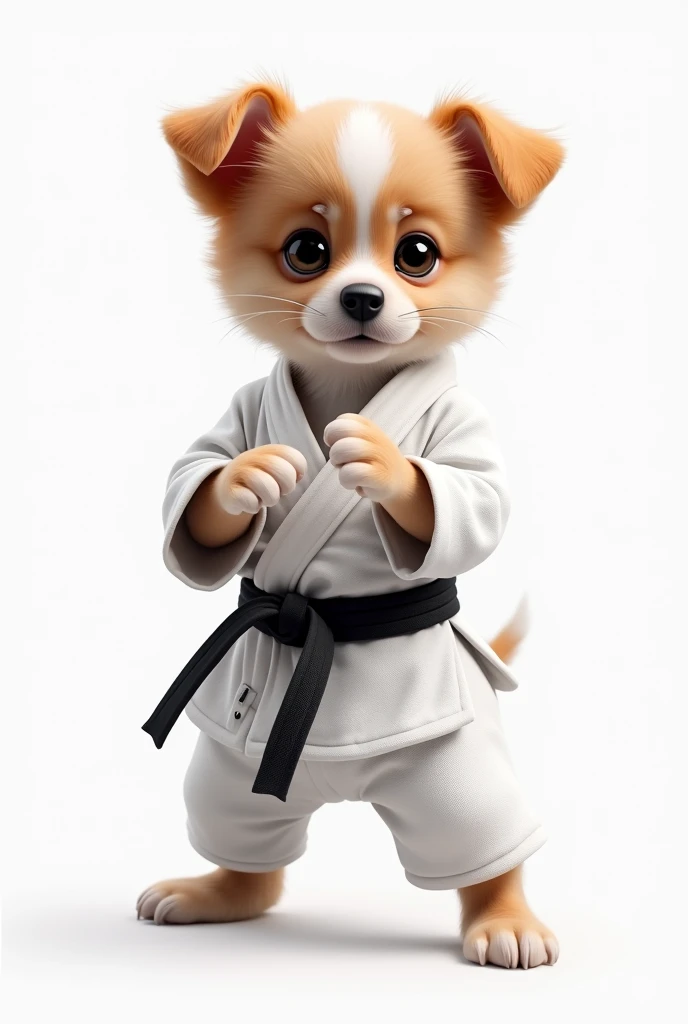puppy in karate suit on white background