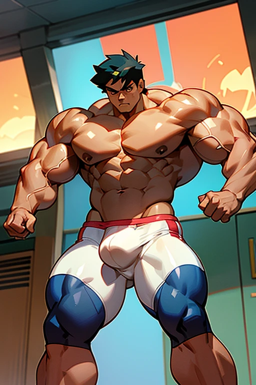 Ash Ketchum from Pokémon anime as a big dumb muscular bodybuilder jock in a locker room standing with slumped shoulders in line with other equally muscular bodybuilder jocks and staring blankly as his eyes glow red under hypnosis as he repeats, "Bigger... Dumber.... Must obey.... More like a jock bro every day.... Yes, Coach. I obey. Huhuhuhuh...." in a deep mindless emotionless voice with his fellow hypnotized jocks to forget about Pokémon training and focus instead on training his own body and obeying his coach. Mouth dropped open. Hyper swollen bulging crotch. Hyper muscles. Toned muscles. 5% body fat. Big biceps. Big triceps. Broad shoulders. Big traps. Big lats. Big meaty pecs. Massive deltoids. Six-pack abs. Spherical glutes. Brainwashing. Hypnosis. Hypnotized. Bro. IQ drain. Dumber and dumber. Meathead. Musclehead. Mindless. Hypno. Mind control. Brain drain. Entranced.