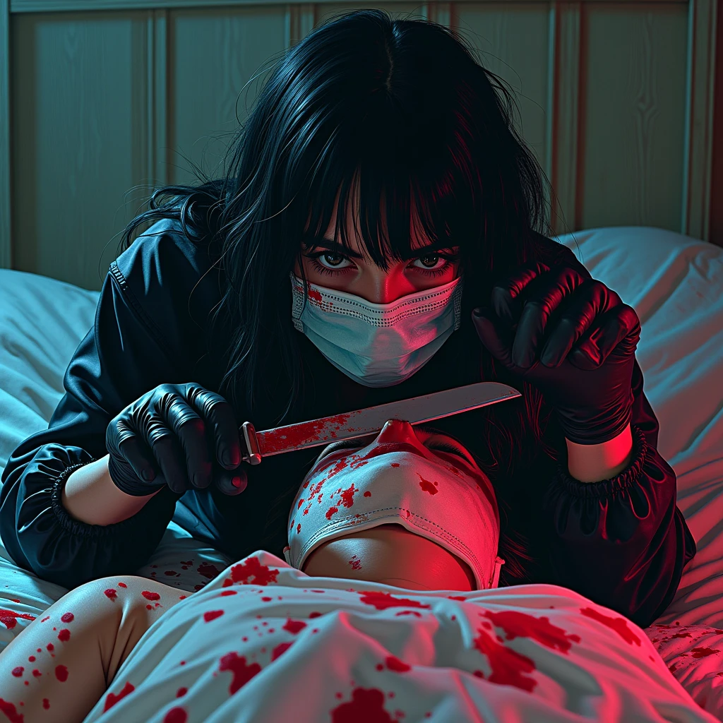 (masterpiece), (best quality), (ultra detailed),(disheveled hair),(illustration),(high saturation),(colorful splashes),colorful bubble,(shining), Italian girl, (behind corpse, surgical mask), holding knife, stabbing, black gloves, room , black raincoat, holding knife, black gloves, behind , blood splatter, bondage, long bangs, bed room, black wet suit, night, mass murderer, killer, dark atmosphere, cinematic lighting, atmospheric realistic, close-up, fumetti aesthetic, classic horror comic book vibe, lurid vivd colors, HD, 8x