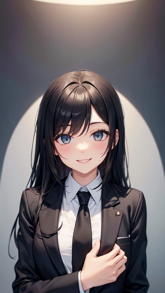 Woman in black suit tie smile