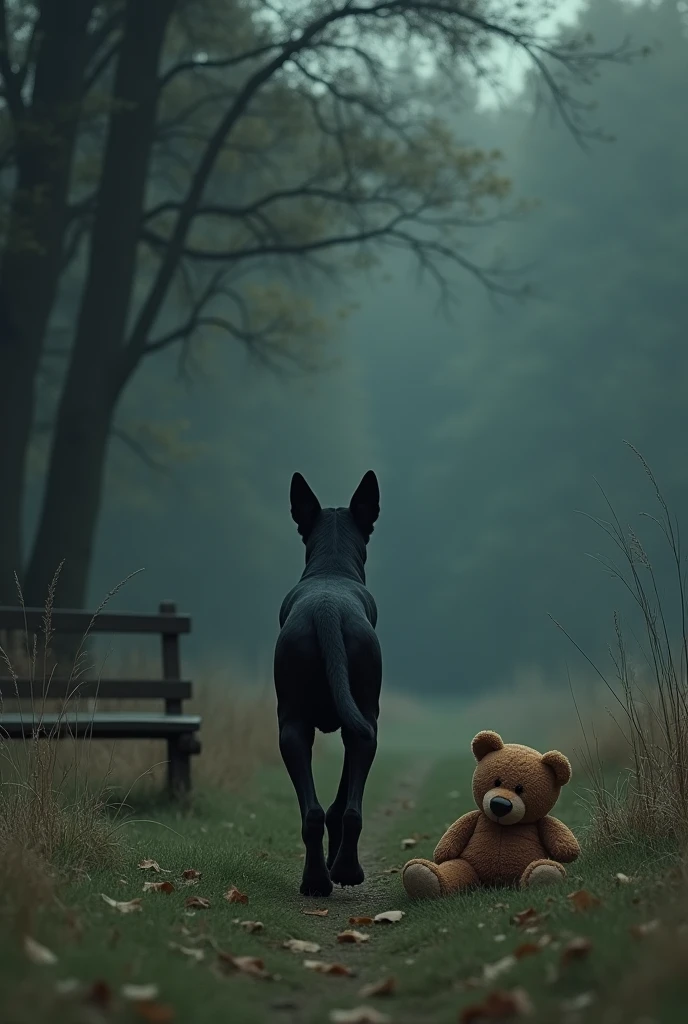 The long black dog left the brown teddy bear on the ground with a bench, and the long black dog walked towards the forest.