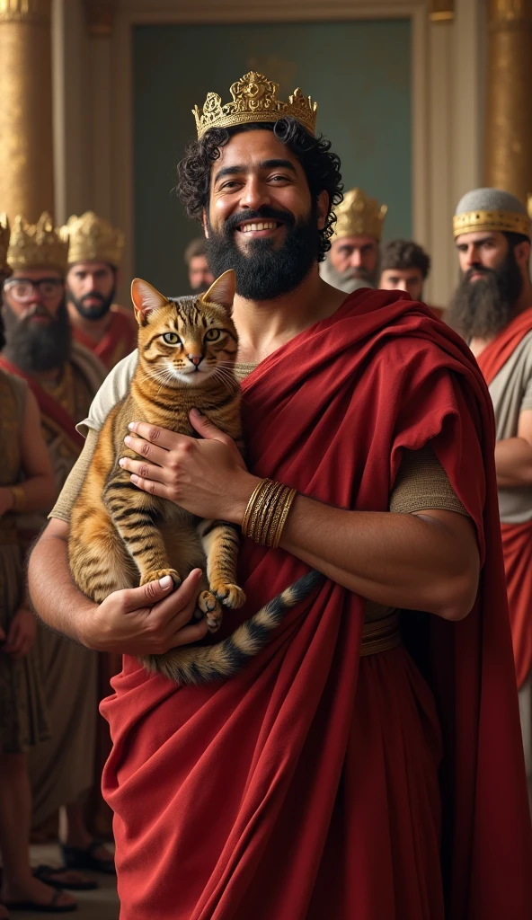 hold cat ,Front view , View your viewers, 1 person ,Herod the Great of the Jews, He is Arab and 6., (Dark brown curly hair, Jewish Noka-Sideburns、Brown eyes, Thick eyebrows、He has a beard and curled moustache under his nose and on his chin.、 Invincible laughter), (Gold crown), (Ionic nobles of the Roman Empire-Wearing a tunic), (Red Toga, One-shoulder robe:1.3), Sandals, Standing in the palace , HI Detail Skin, (Shorthand, Canon, 8k, Anatomically correct, Super Detail, Attention to detail, Your Highness)