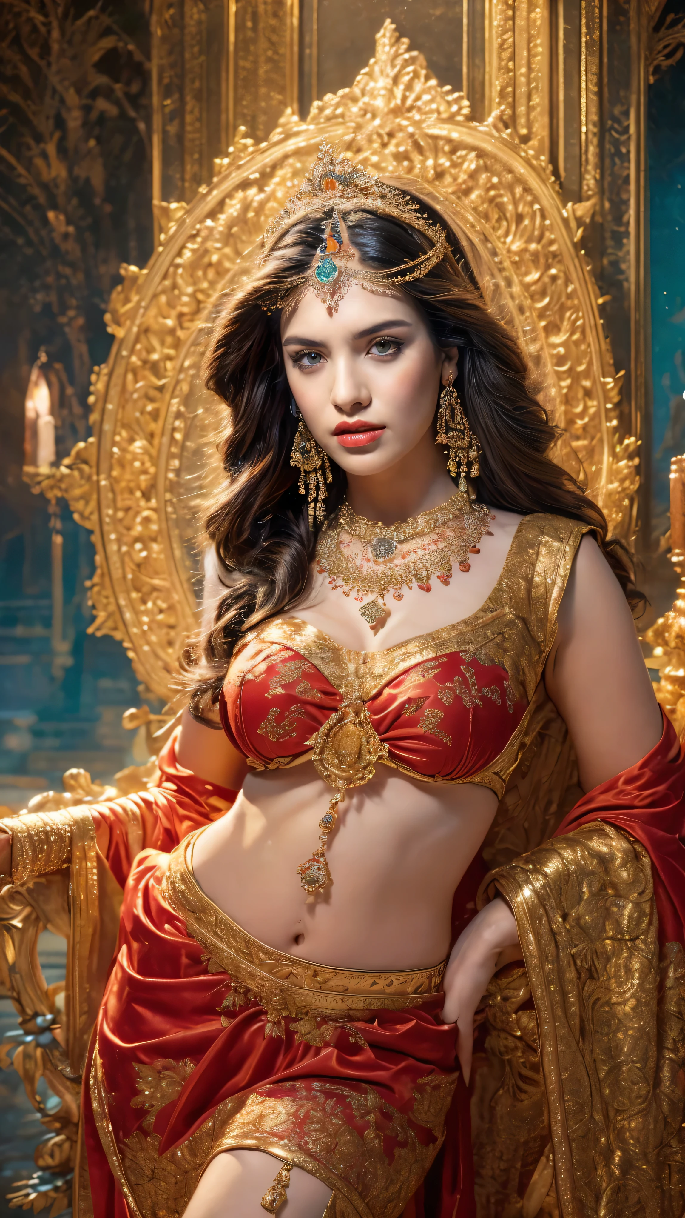 ((Best quality, 8k, Masterpiece :1.3)), Sharp focus :1.2, Generate a realistic image of a beautiful sexy Indian woman plus size body: 8.5 (masterpiece like a princess) (body like divine girl) dressed divine clothes light red silk short skirt and print giant V neck blouse + gold belt, adorned with traditional ornaments, standing in a well-lit room with cinematic lighting. ((Front view, random elegant pose)), and there is a sense of grace and elegance in her posture. The background should complement the scene, enhancing the overall aesthetic appeal of the image. Photography by Brandon Woelfel, Full shot: Canon EF 16-35mm f/2.8L III USM lens on a Canon EOS 5D Mark IV camera, ultra realistic, 32k, HD