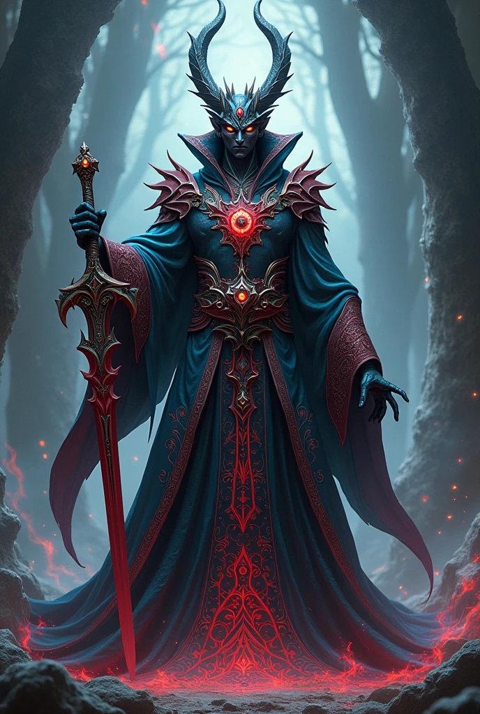 there is a man that looks like a demon with a sword, ornate robes, cotton cloud mage robes, cloud mage robes, ornate flowing robes, intricate robes, mage robe based on a toucan, elaborate cult robes, clothes themed on a peacock mage, wakfu colors + symmetry, ferred - themed robes and hat, wearing star filled mage robes