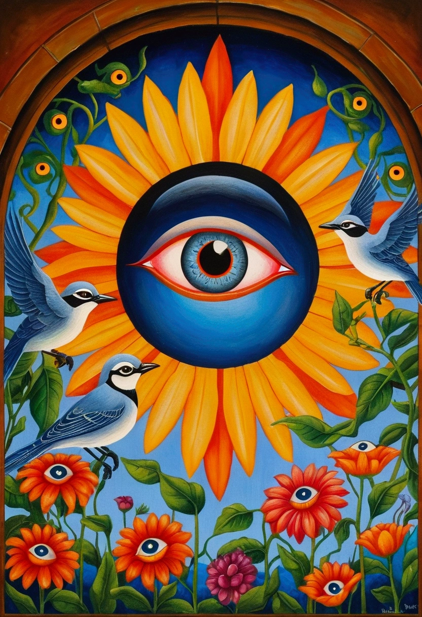 Painting of flowers and birds on the window, Full color illustrations, open one's eyes , Eyeballs, artwork, Popular Surrealism艺术风格, All-Seeing Eye, eye of the beholder, Paul Lafley, official artwork, Popular Surrealism, Vision, In prison, What the eyes see, Eyes wide open