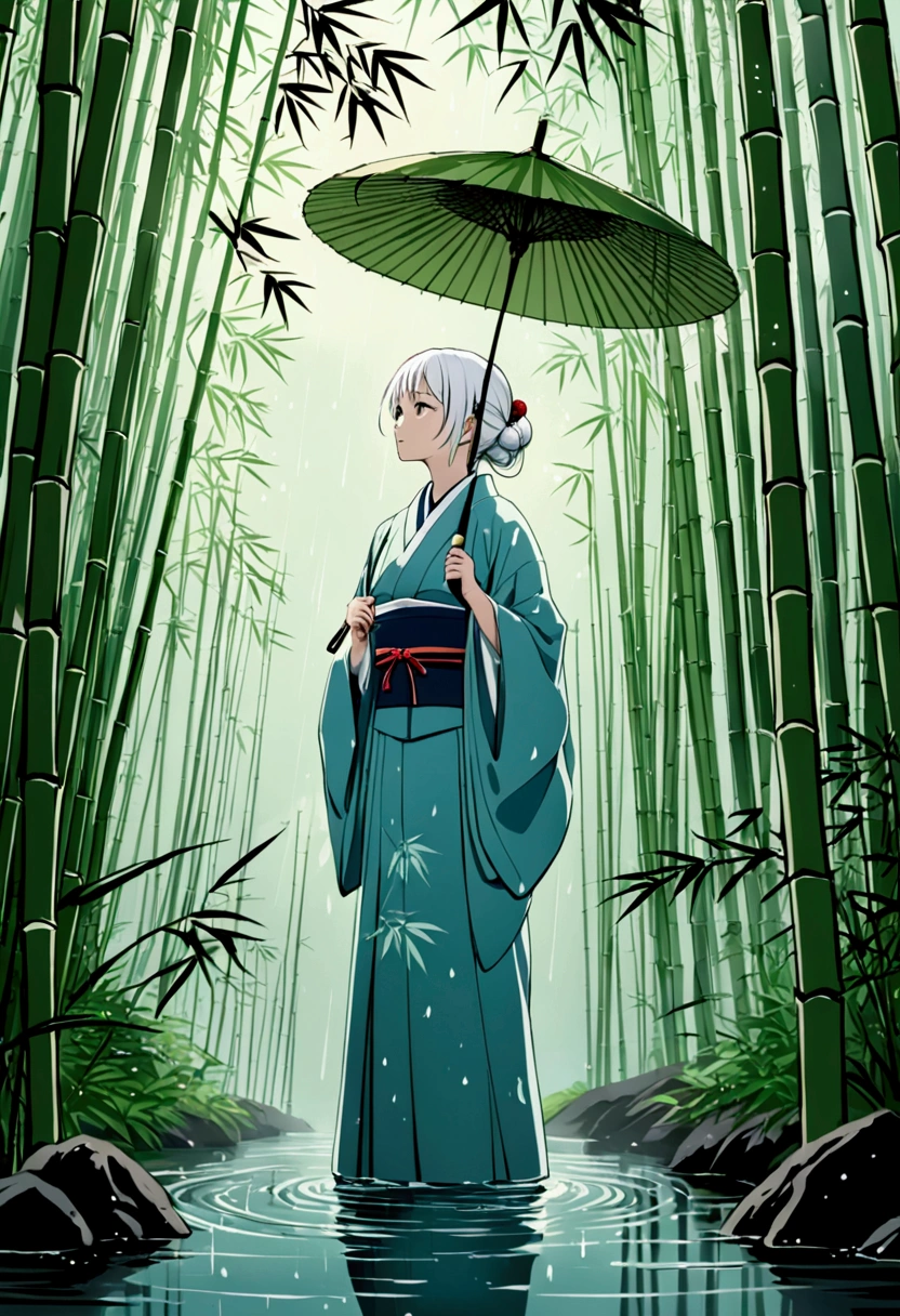 dynamic ink painting of a bamboo grove in Japan, great art, great sense of depth, ground level shooting, the most beautiful bamboo grove in the world, bamboo leaves shining through the rainwater, moonligh\(pale blue\) with a light mist,standing alone, Beautiful 1 girl\(ancient japanese nobleman, beautiful kimono, beautiful short white hair\) looking up at the moonligh holding an umbrella,Raining softly, fireflies flying around, bamboo leaves are placed three-dimensionally in the foreground, Long shot,incolor,whole body