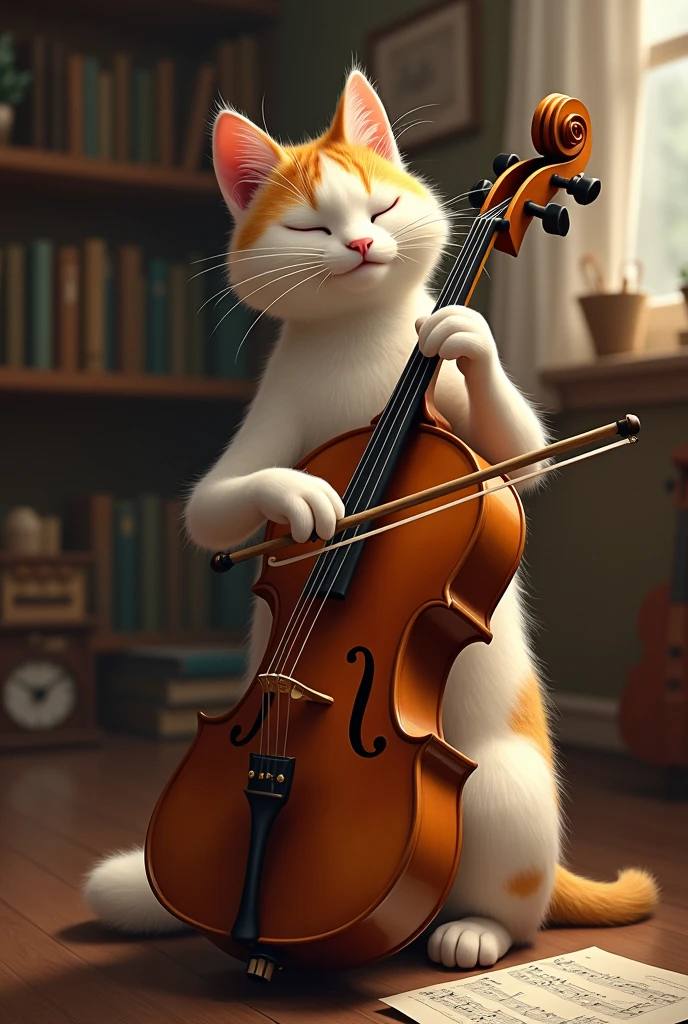 Draw a cat playing the cello with a bow