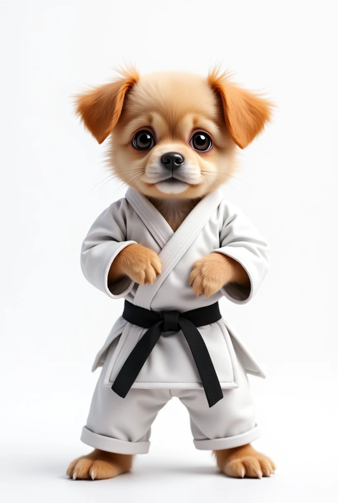 puppy in karate suit on white background