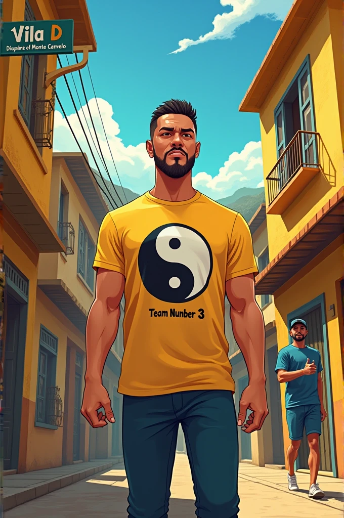 Make an animated illustration of a man with a yin yang team number 3 written brother pastor on his shirt and in the background of the image a favela with golden houses written on a sign vila D and just below discipline of monte Carmelo 