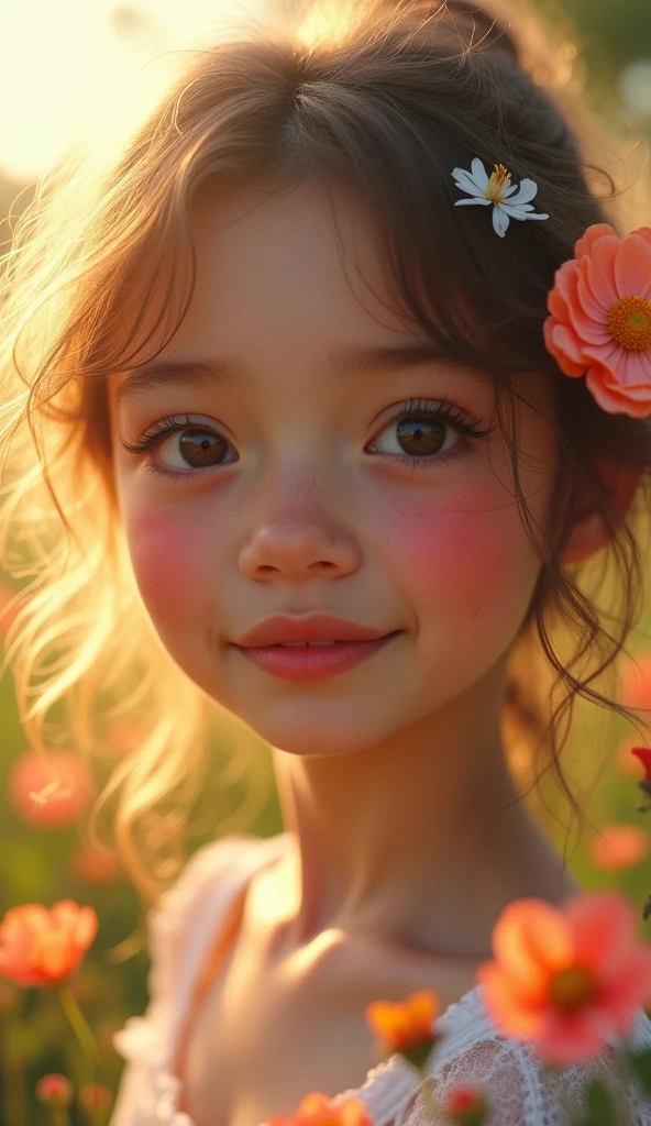1girl, romantic first love, adorable girl, beautiful detailed eyes, beautiful detailed lips, extremely detailed face, longeyelashes, soft warm lighting, glowing skin, candid natural pose, serene meadow, blooming flowers, golden hour lighting, cinematic composition, dreamlike atmosphere, pastel color palette, delicate brushstrokes, masterpiece, best quality, 8k, highres, photo-realistic