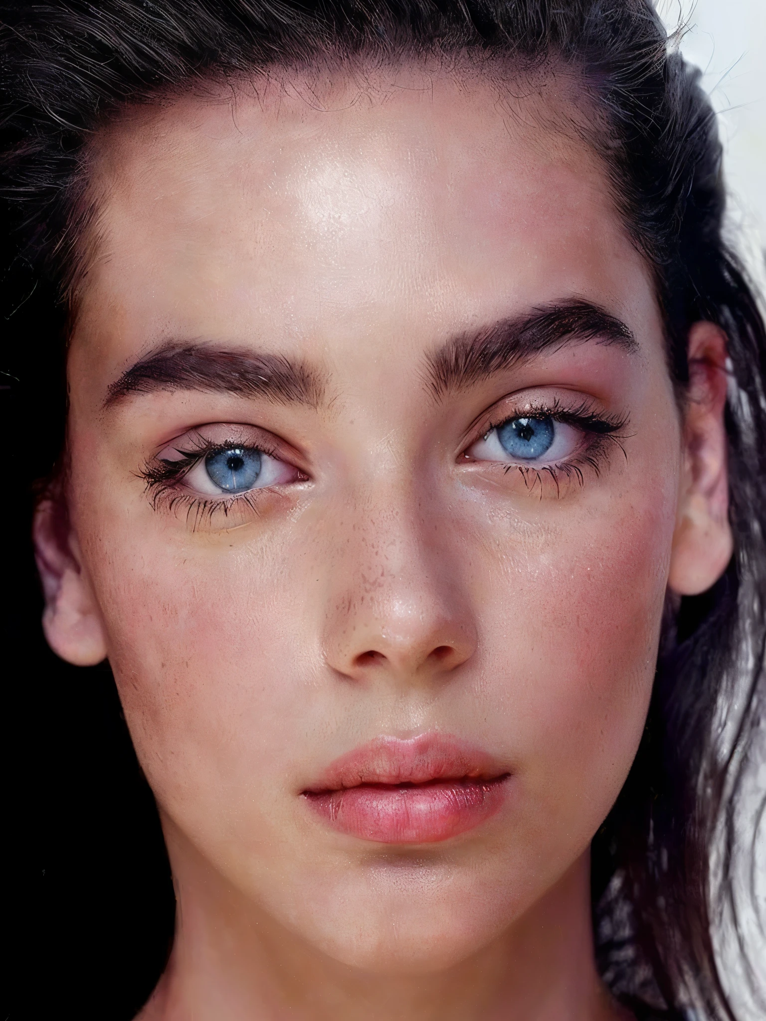There's a woman with freckles on her face and a hand on her head, perfect face and eyes, perfectly illuminated face, beautiful eyes and face, eyes shining, Beautiful and realistic faces, glowing face, perfect face ), beautiful aesthetic face, white skin and reflective eyes, Beautiful and realistic face, beautiful realistic face, perfect face, perfect face and boy, light freckles